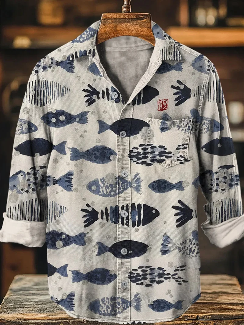Vintage 3D Flower Printed Pattern Shirt Men's Linen Long Sleeve Button Collar Casual Shirt Fashion Men's Shirt Top