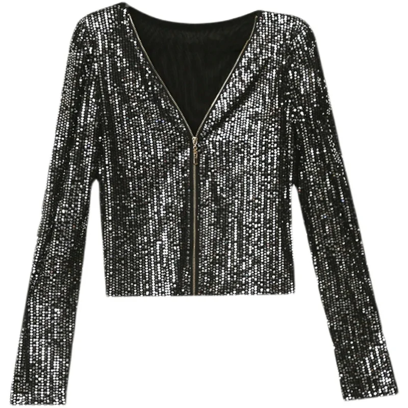 كارديجان نسائي أنيق بترتر وسحاب، سترة طويلة للخريف والشتاء، تصميم كوري ضيق بياقة على شكل V