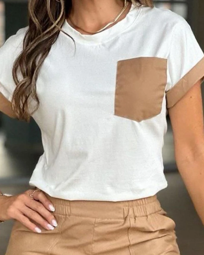 Women Two Piece Sets Outfit 2024 Summer New Fashion O-Neck Short Sleeve Tank Top Contrast Paneled Top & Pocket Design Shorts Set