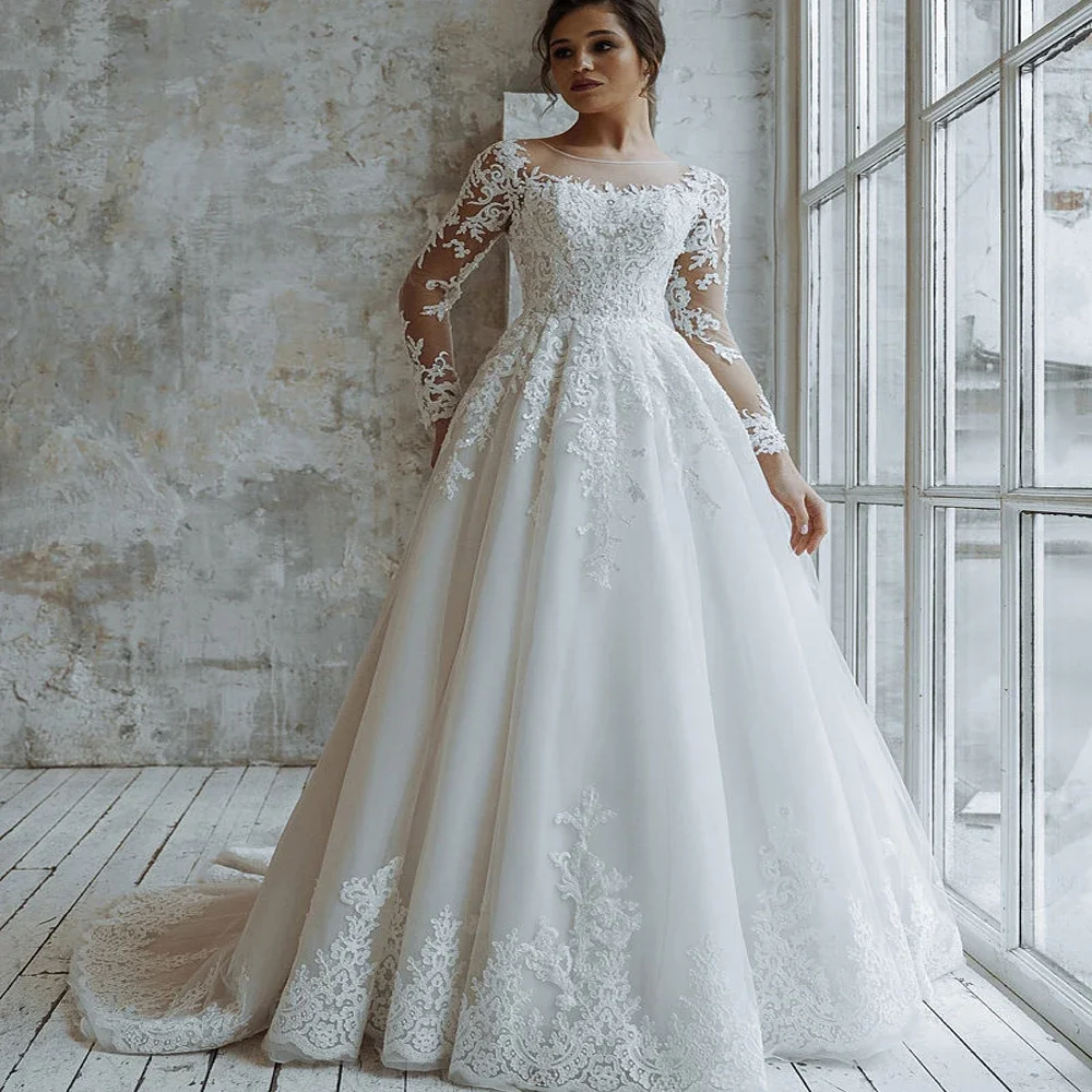 

Customized Exquisite Wedding Dresses A-line Beautiful Sweep Train Elegant Popular Applique Design Fashion for Women Bridal Gown