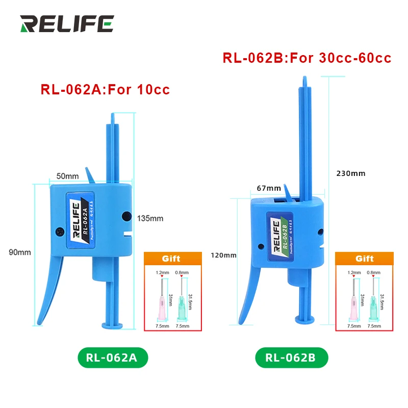 

RELIFE RL-062A/10CC and RL-062B/30-60CC Manual Glue Gun for Syringe Oil Solder Paste UV Solder Mask Oil Structural Ddhesive