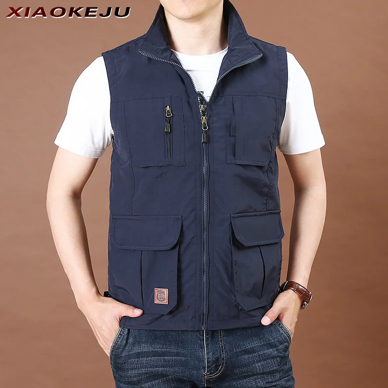 

Without Men's Vest Sleeveless Jackets Male Waistcoat Multi Pocket Stand Collar Vest Dress Up Life Spring Camping Fishing Vest