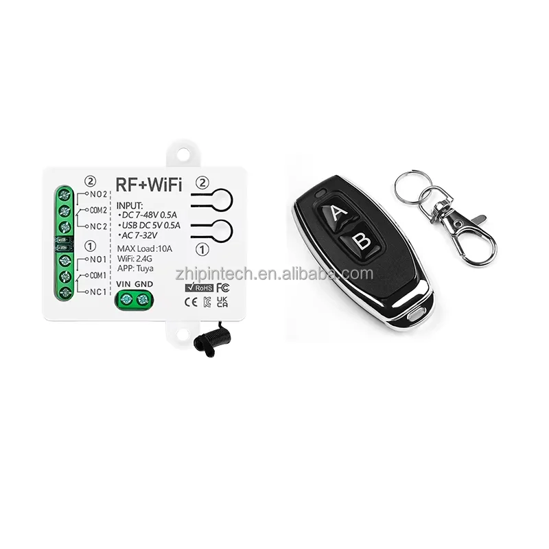 Tuya Smart WiFi and RF 433MHz Wireless Remote Control Transmitter BLE Network 2 Channel Relay AC 7-32V USB 5V for Garage Doors