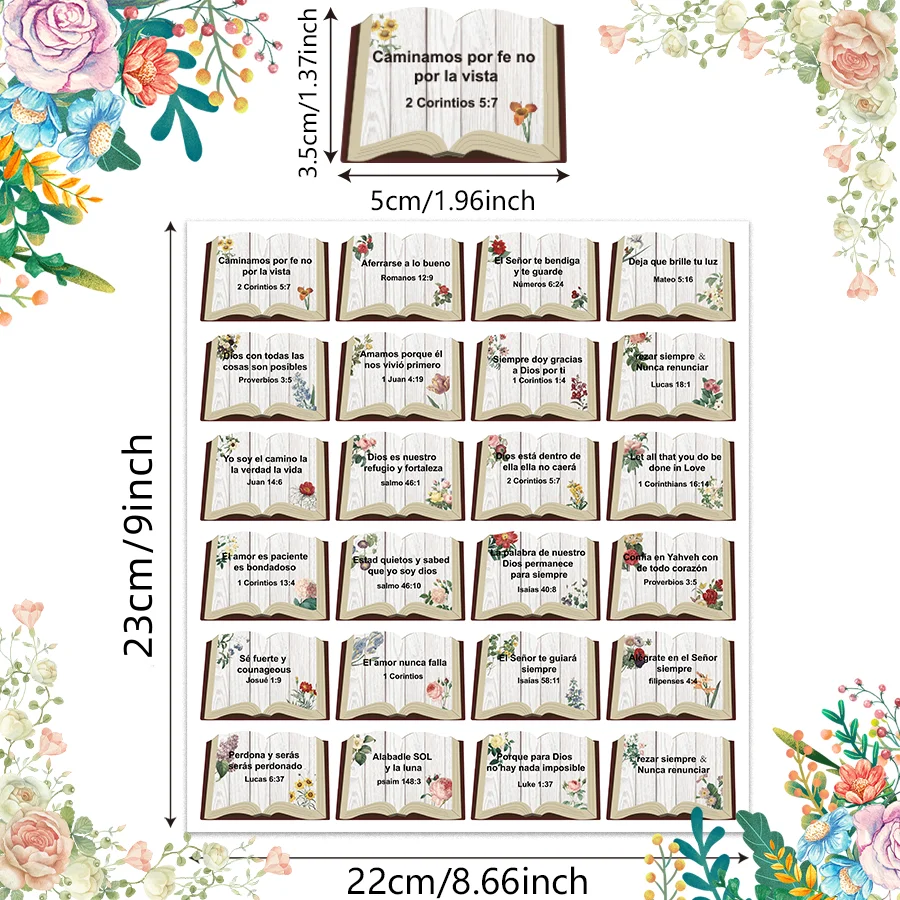 120 Pcs Spanish Floral Christian Stickers Inspirational Bible Verse Stickers Book Shaped Christian Motivational Decals.