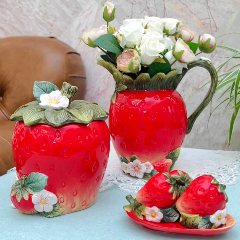 

Strawberry Heart Shape Ceramic Vase &Sealed Storage Jar Kitchen Pantry Container Home Decor Display for Living Room Dining Table
