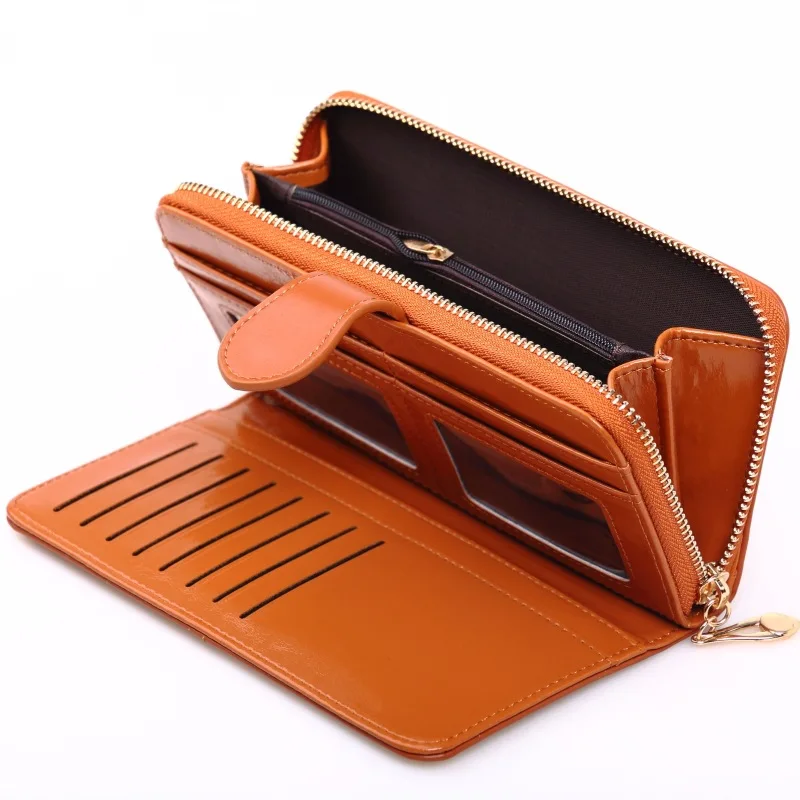 New Women Long Oil Leather Trifold Wallet Large Capacity Zipper Phone Clutch Purse Fashion Handheld Card Holder Organizer Bag