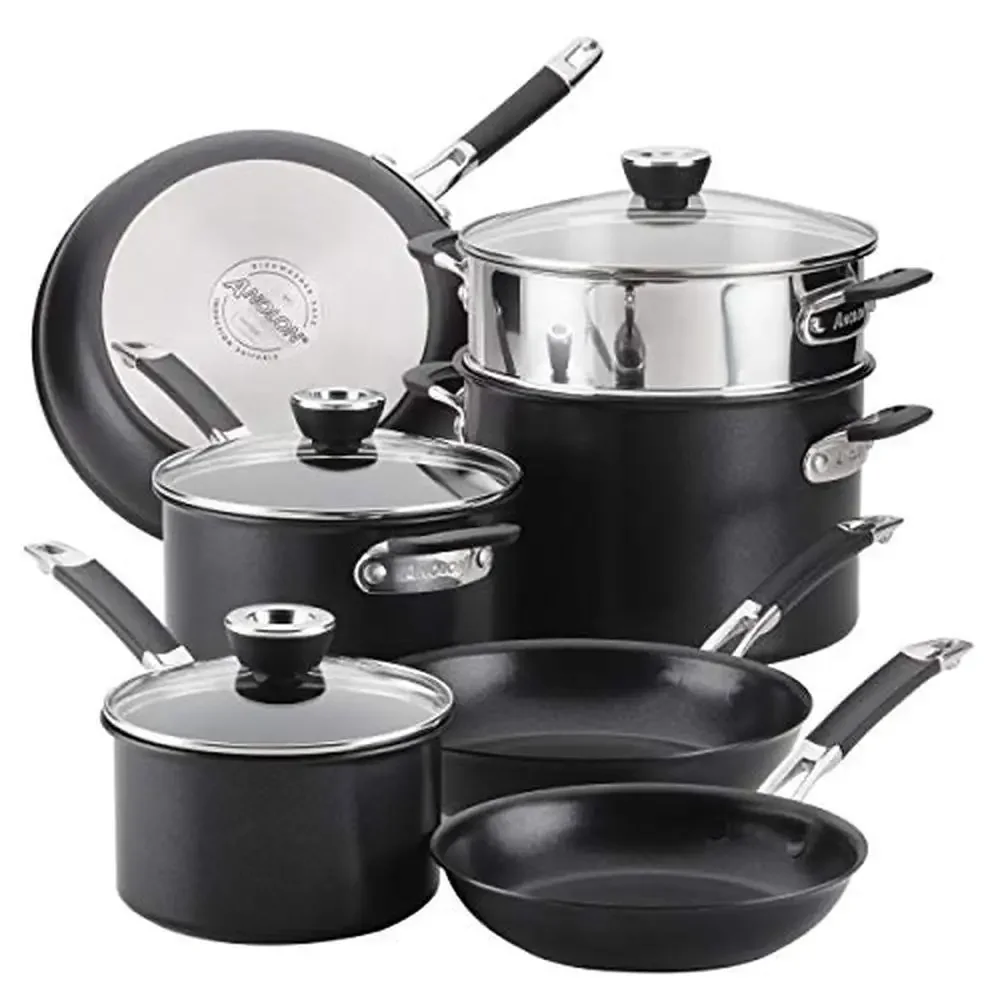 10-Piece Nesting Pots and Pans Cookware Set Stainless Steel Black SmartStack Dual Riveted Silicone Handles