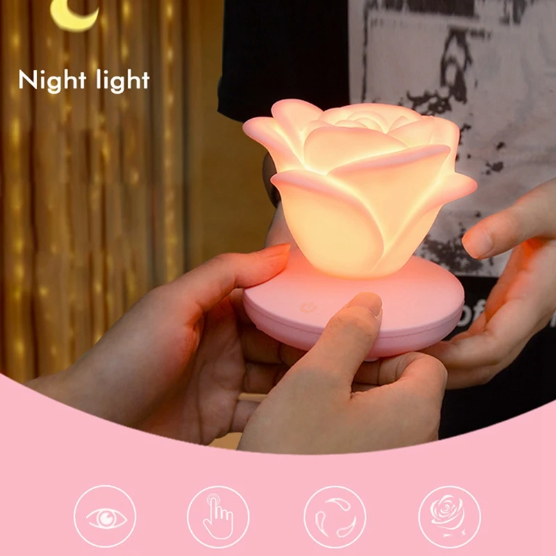 Ładująca USB różana lampka nocna z trzema biegami romantyczna lampa biurkowa LED silikonowa lampa klimatyczna prezent na walentynki