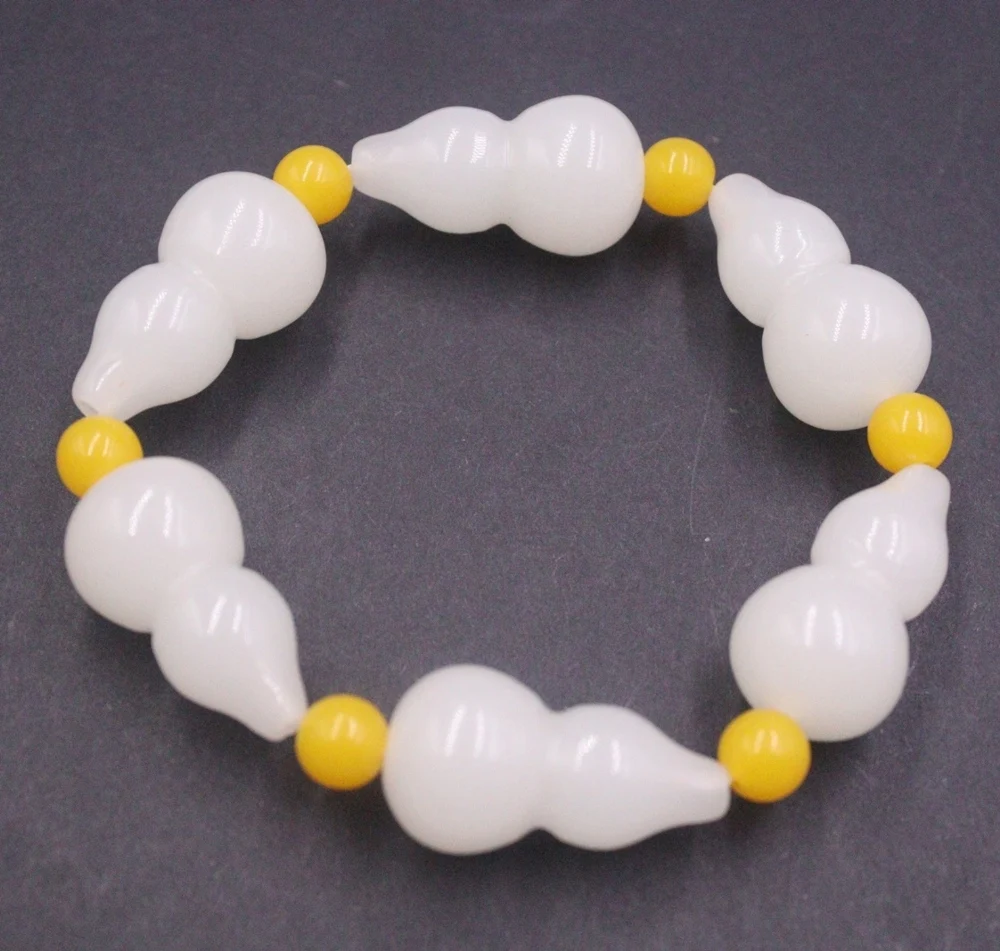 

Natural White Jade Men Women Gift Lucky Yellow Round Long Gourd Beaded Bracelet