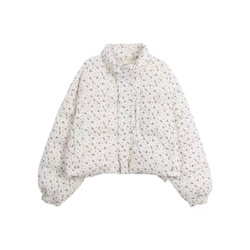 2024 Winter New  Scarf Collar  Floral Print White Duck Down Jacket Women Warm Coat