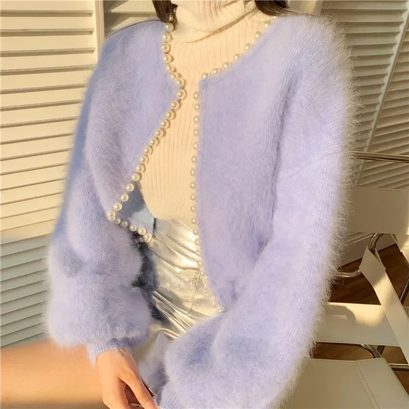 

Sweet Lantern Sleeve Mink Cashmere Sweater Knitted Cardigan Korean Beads 2023 New Causal Knitwear Open Stitch