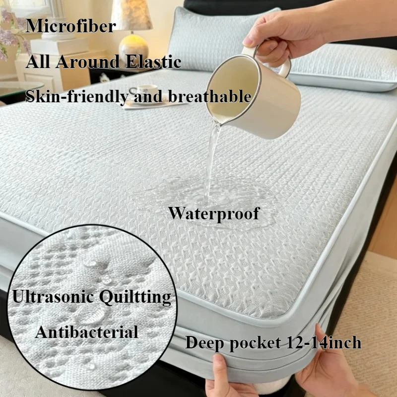 Ultraschall-Gesteppter Wasserdichter Matratzenschoner für Queen- und King-Size-Betten mit Elastikband, Milbenschutz, Weicher Atmungsaktiver Bettüberzug
