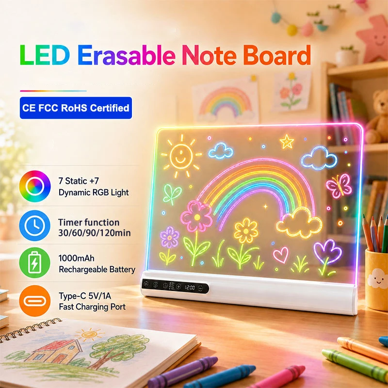 Rechargeable LED Drawing Board for Kids Birthday Christmas Gift, Doodle Neon Glow Pad with Clock, Auto Off with Timer