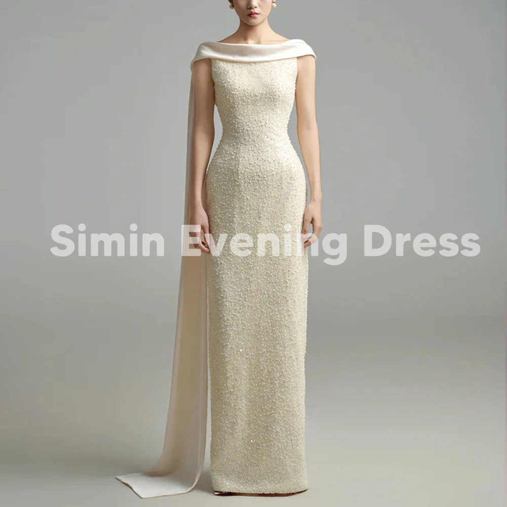 

Simin Women's Backless Straight Pearls Saudi Evening Dresses Sleeveless With Ribbons Floor-Length Formal Elegant Dresses 2025