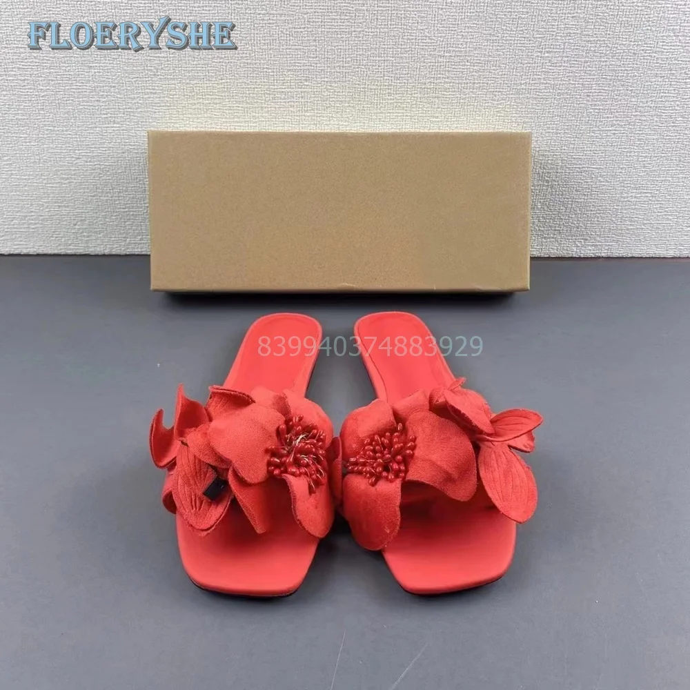 

Flower Outside Slippers Summer Cystal Rome Women Flats Square Toe Solid Black Red Pink Lady Dress Cheap Slides 2024 New Fashion