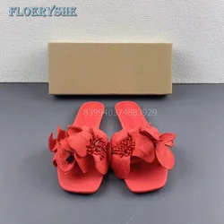 Flower Outside Slippers Summer Cystal Rome Women Flats Square Toe Solid Black Red Pink Lady Dress Cheap Slides 2024 New Fashion