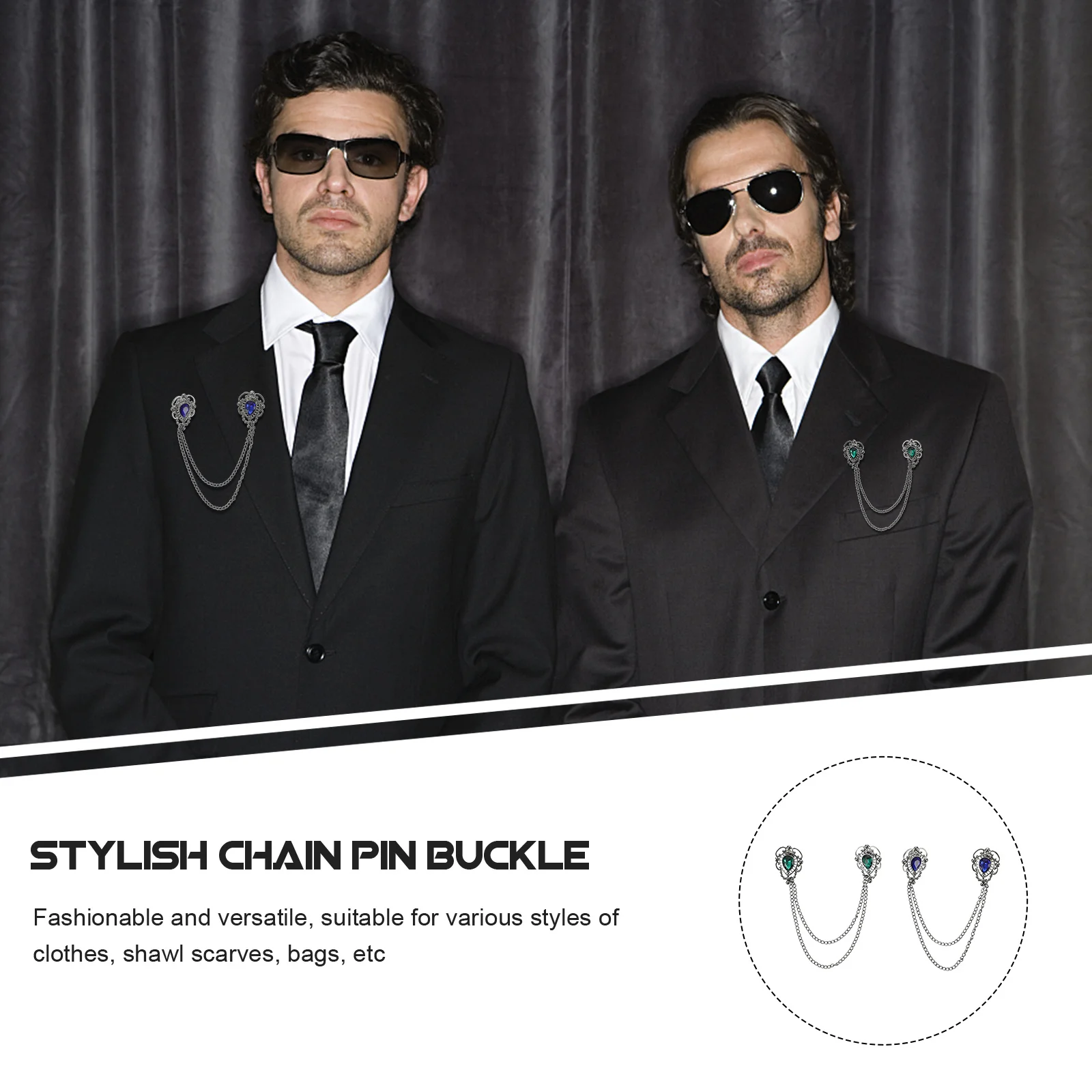 

2Pcs Men's Suit Brooches Shirt Collar Chain Pin Buckles Stylish Shape Vintage Design Smooth Edges Electroplated Polished