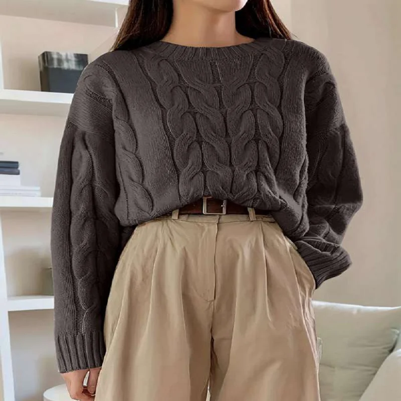 البلوزات النسائية خريف 2025 متماسكة طويلة الأكمام Crewneck المتضخم سترة البلوز ملابس فضفاضة