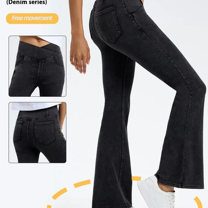 

Spring and Summer New Cross-Waisted Jeans Women High Elastic to Lift the Buttocks Sports Yoga Trousers Fitness Flared Trousers