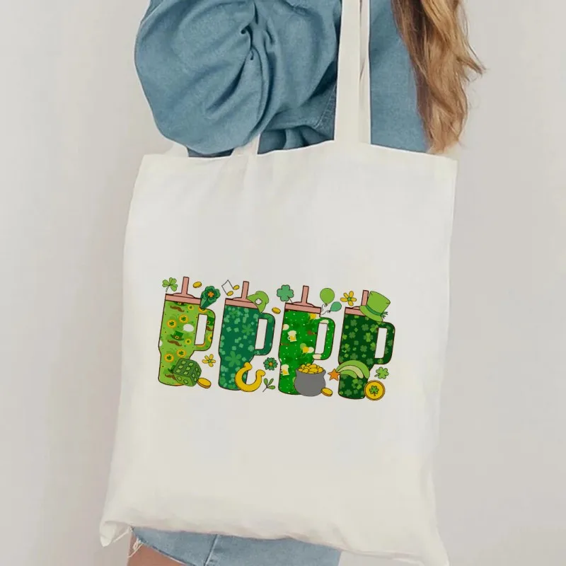 

St Patrick's Day Cup Canvas Tote Bag Fashionable Lightweight Shoulder Bag for Women for Travel Daily Commute & Shopping