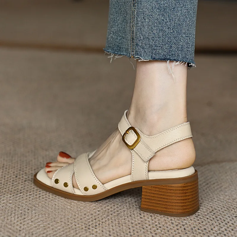 Sandals Straps Fashion Womens Shoes 2025 Cross-Shoes Suit Female Beige Med High Heels  Luxury Outside Comfort Black New Medium H