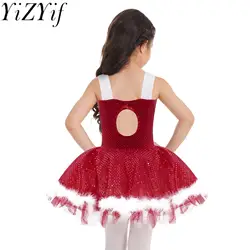 Kids Girls Sleeveless Sequins Tutu Dress Figure Ice Skating Dress Christmas Dance Costume Gymnastics Leotard Dress Fancy Costume