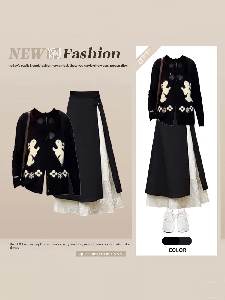 

Adorable Bla Fair Isle Rabbit Knitwear Cardigan And Midi Skirt Set Spring 2026 Faion Women's Long Sve Mid-Length Knitt...