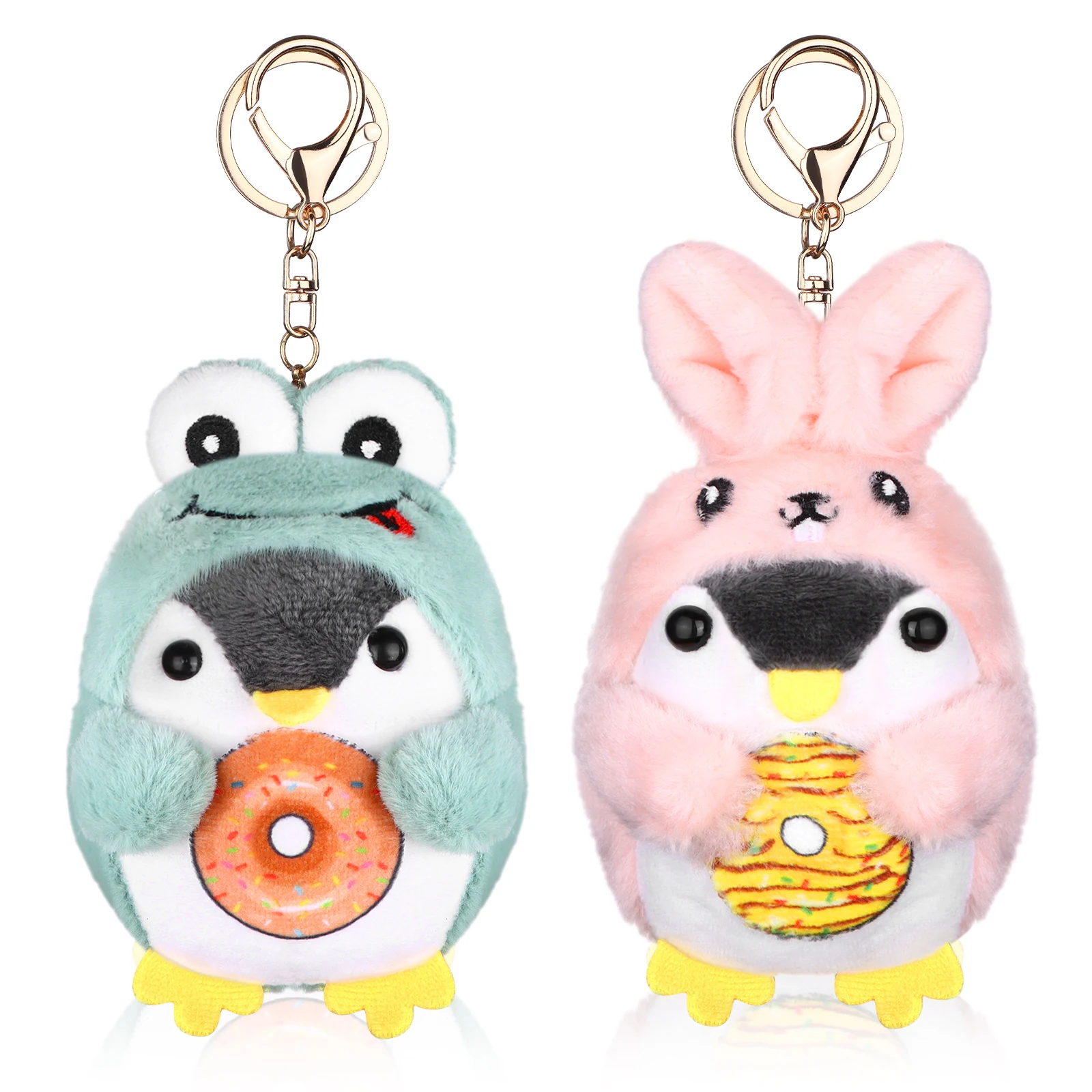 Youdaju 2 Pcs Fluffy Penguin Keychain Cute Positive Penguin Kawaii Plush Penguin Pendant Donut Animal Keychain For Boys Girls Ha