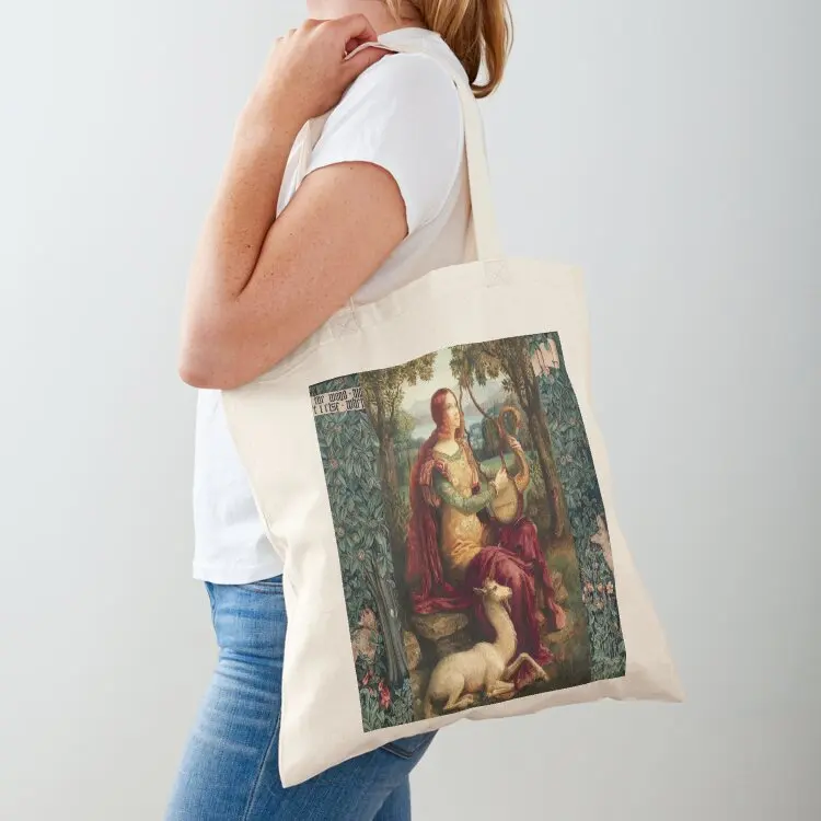 

UNICORN AND LADY PLAYING LYRA ,FOREST ANIMALS, FOX ,DOES IN GREEN FLORAL Tote Bag Eco bag tote bag screen the tote