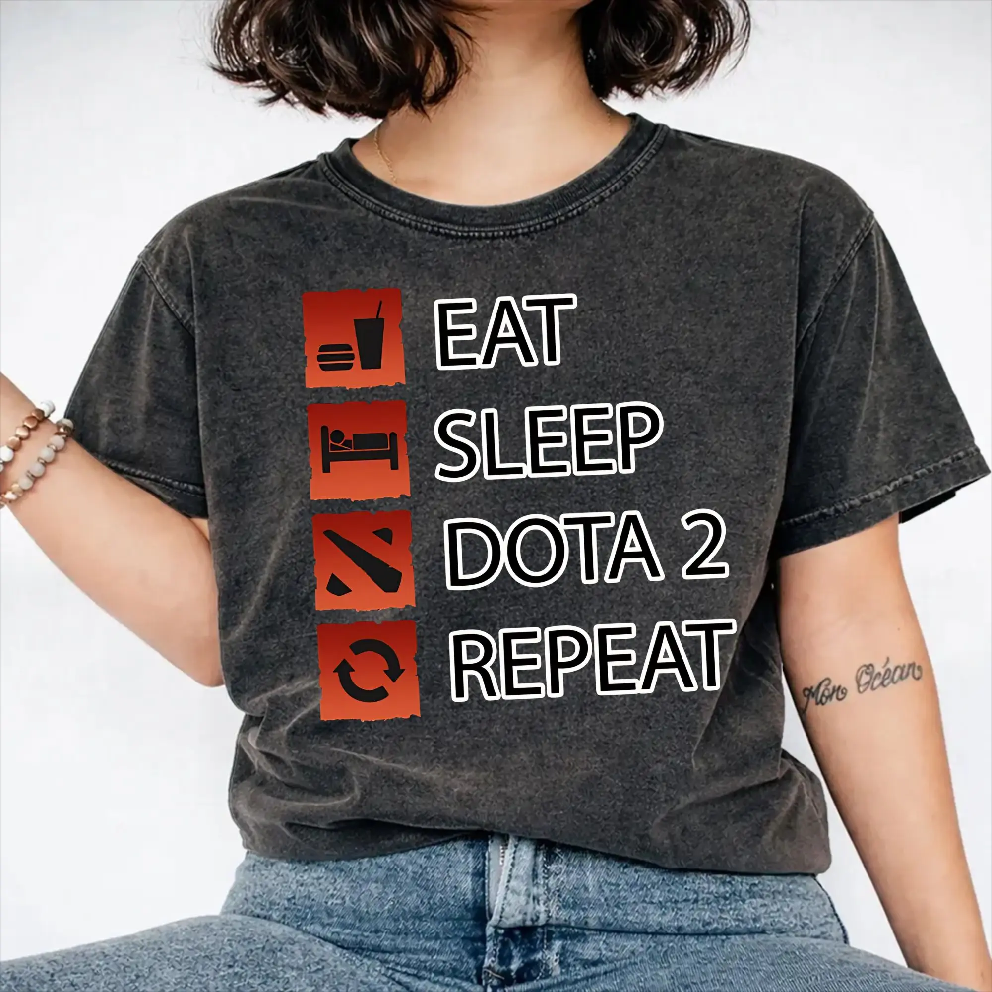 Dota 2 Gamer Life - Eat Sleep Dota 2 Repeat  Washed T Shirt Streetwear Hip Hop Fashion T-Shirt  Tee Shirt for Men Women