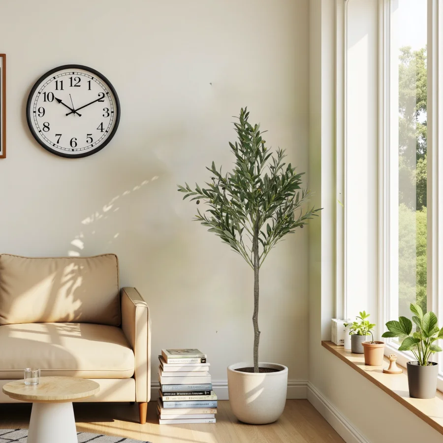 Artificial Olive Tree for Indoor Outdoor Use, Realistic Green Foliage on Metal Stem, Black Plastic Pot, Lifelike Texture and Fu