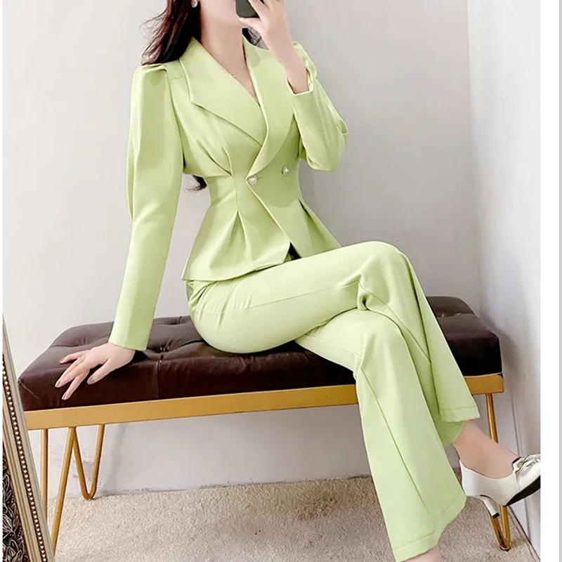 Spring Autumn Women Green Blazer Pants Two Piece Set Korean Office Lady Graceful Slim Coat Flare Trousers Suit Jacket Outfits