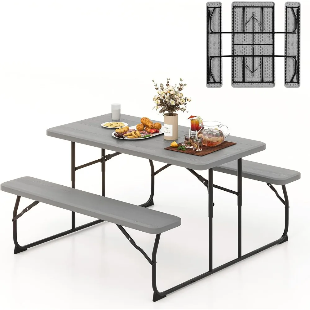 

Folding Picnic Table with 2 Benches, Outdoor Metal Camping Table Set with Plastic Wood-Like Texture Tabletop & Steel Frame, Fol
