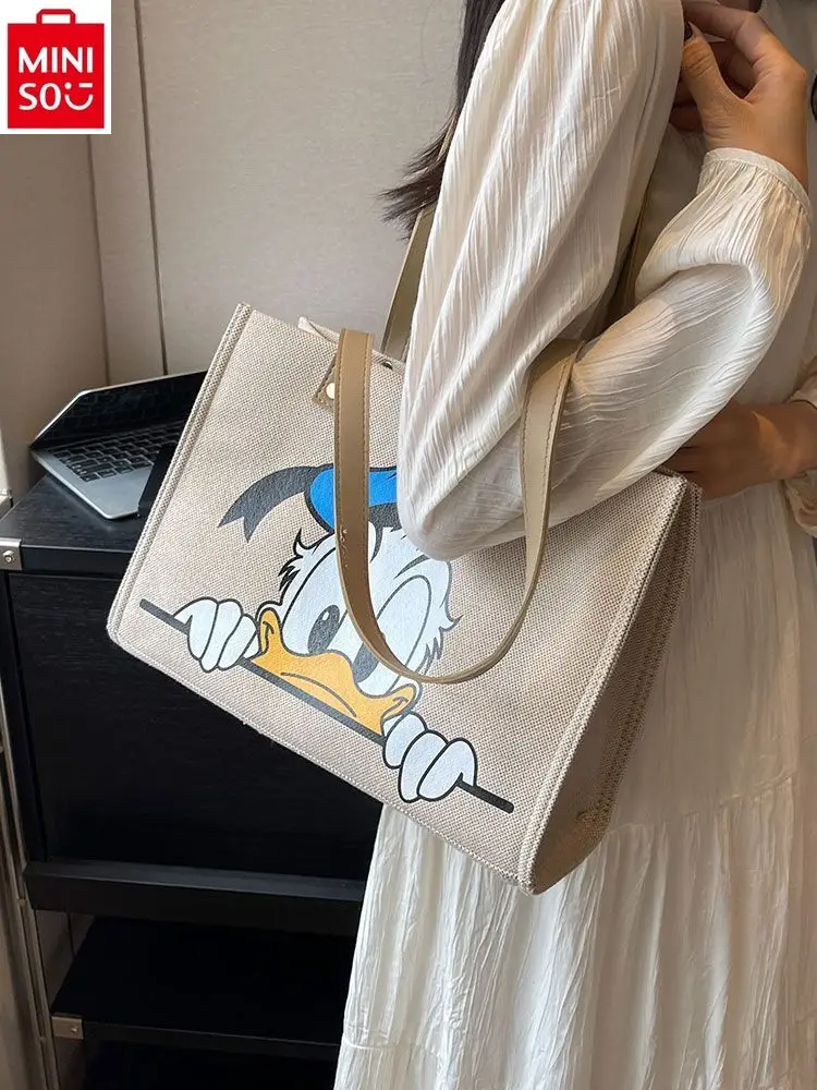 MINISO   Disney Cute Cartoon Anime Donald Duck Handbag Women\'s Fashion High Quality Canvas Large Capacity Tote Bag