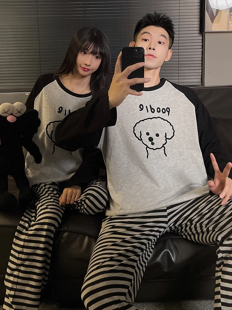 

DAIMELU sleepwear spring and autumn couple pajamas women's pure cotton long-sleeved trousers simple casual men's loungewear suit
