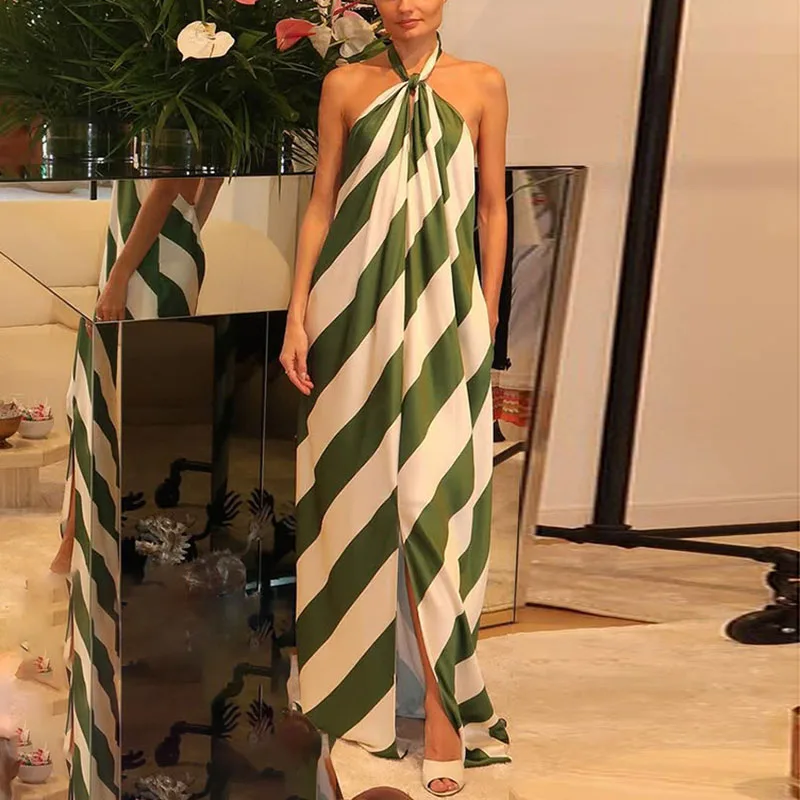 ผู้หญิงแฟชั่น Halter ชุดเดรสยาวแขนกุด Elegant ลายจีบวันหยุดฤดูร้อนใหม่เซ็กซี่ Backless Hollow Out Boho Dres