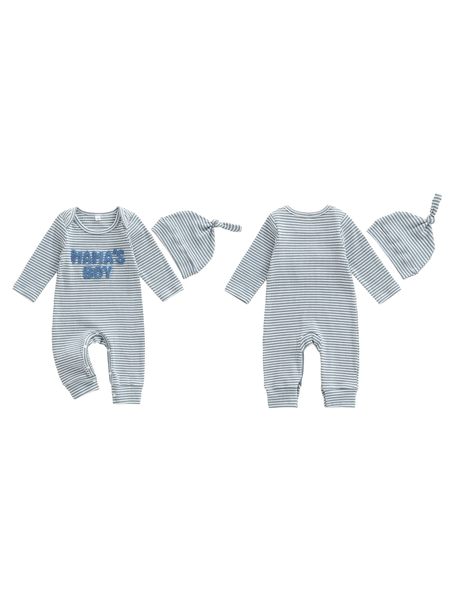 Bayi Laki-laki Musim Gugur Bergaris dengan Inisial Bordir Lengan Panjang Leher Bulat dan Topi yang Serasi untuk Tampilan yang Nyaman