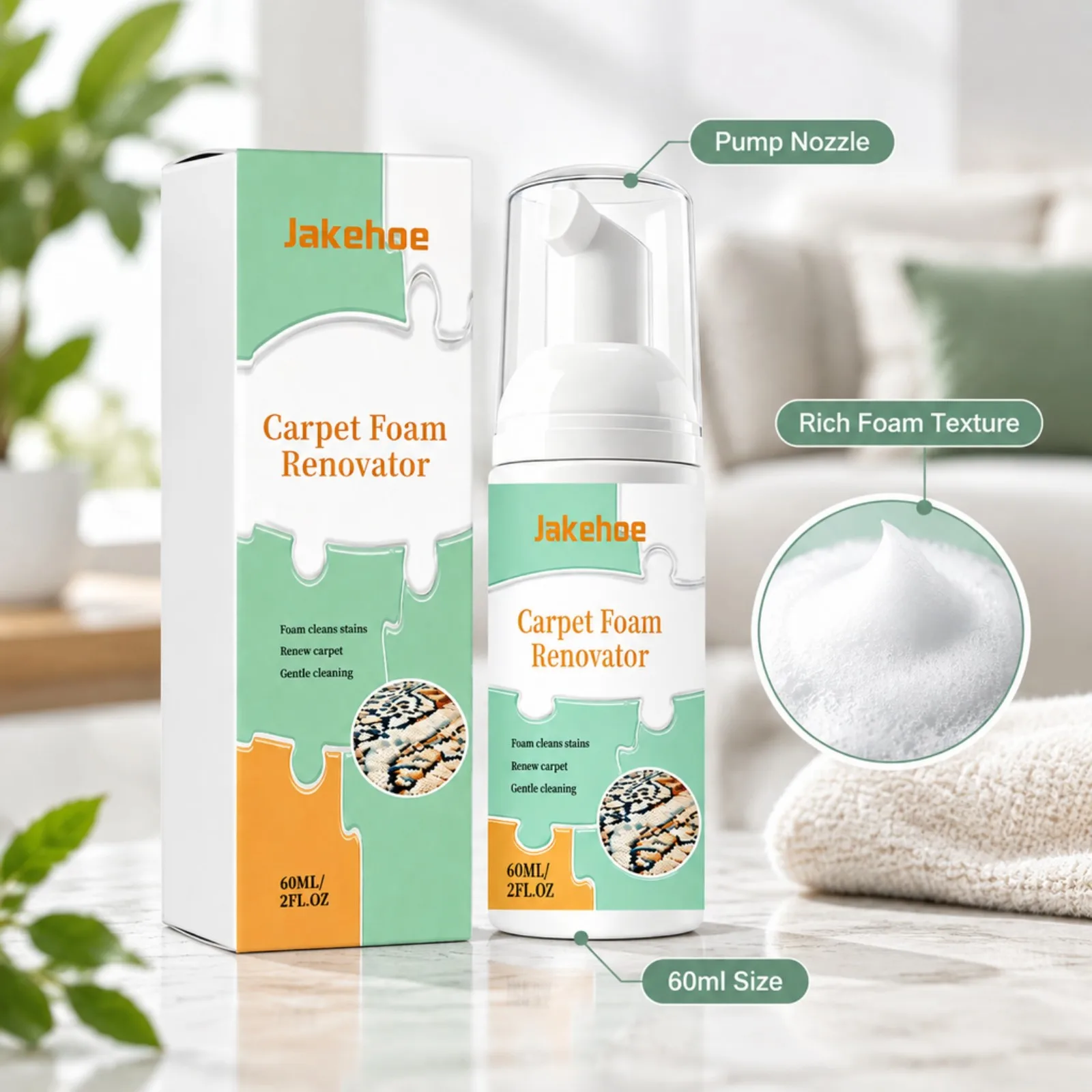 Foam Cleaner 60ml Gentle Cleaning for Carpet Sofa Car Upholstery Multi Fabric Lift Dirt Quick Dry No Water Needed with Towel