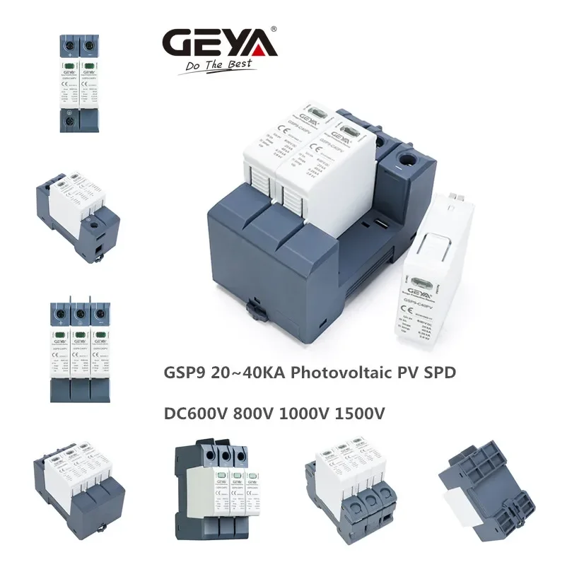 GEYA GSP9 Photovoltaic DC SPD 2P 600V 1000V 20KA~40KA Surge Protector Protective Device Lightning Protection Din Rail T1+T2