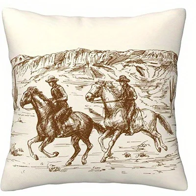 Cowboy & Horse Western Desert Print Pillow Cover, Multi-Scene Use, Pillowcase for Sofa, Bedroom & Car