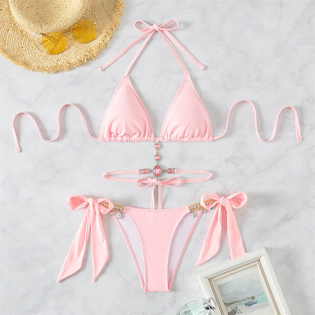 5 Farben, mit Strasssteinen besetzter Bikini, Damen-Badeanzug, zweiteiliges Bikini-Set, Badebekleidung, Badeanzug, Modell V8000. – Detail 10