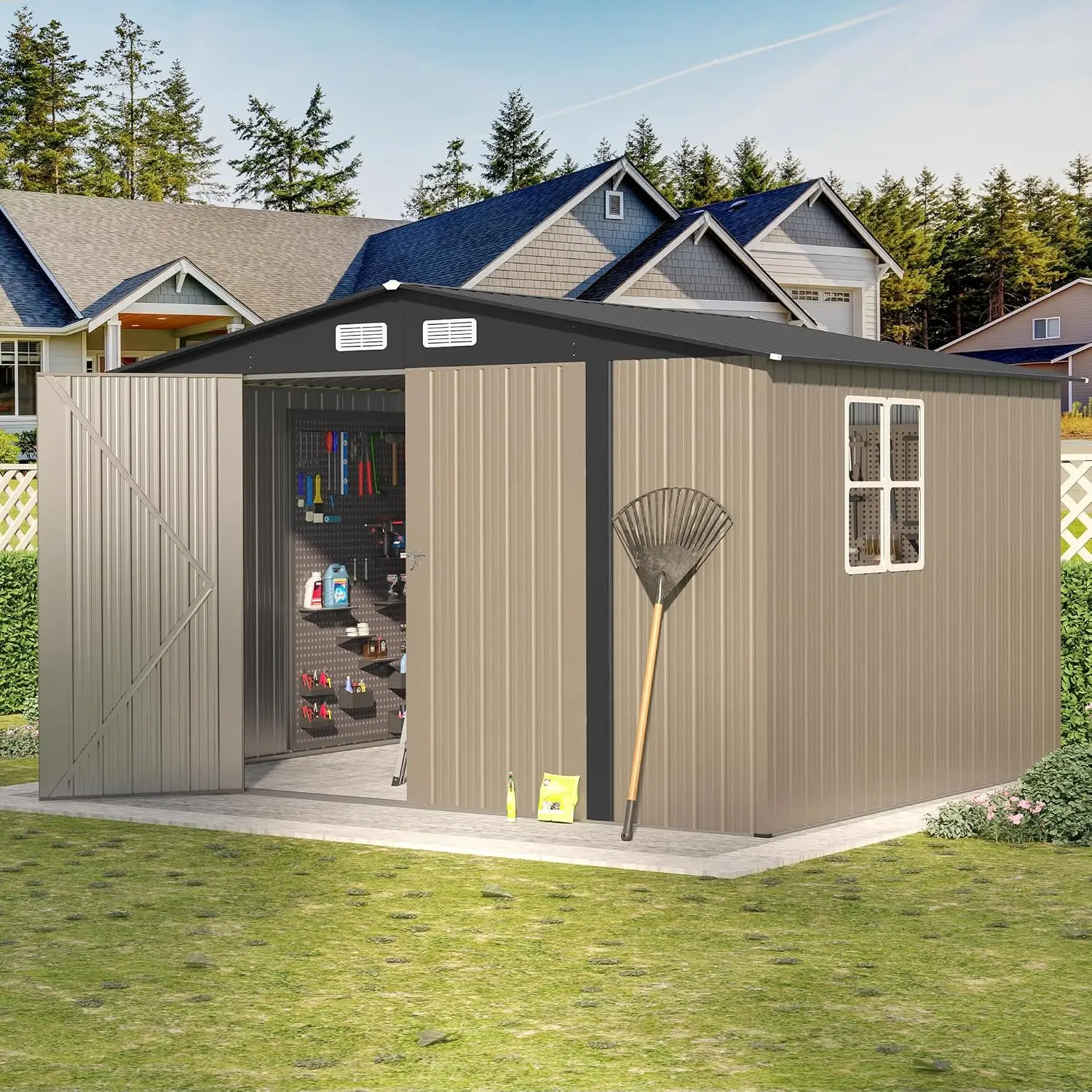 8×10 FT Metal Tool Storage Shed with Window, Weather Resistant Outdoor Storage Shed with Lockable Double Doors for, Customized