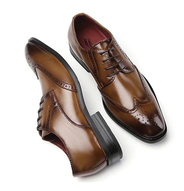 LIHUAMAO carving design Oxford shoes for men derby brogue lace up pointe toe leather shoes chunky heel party wedding