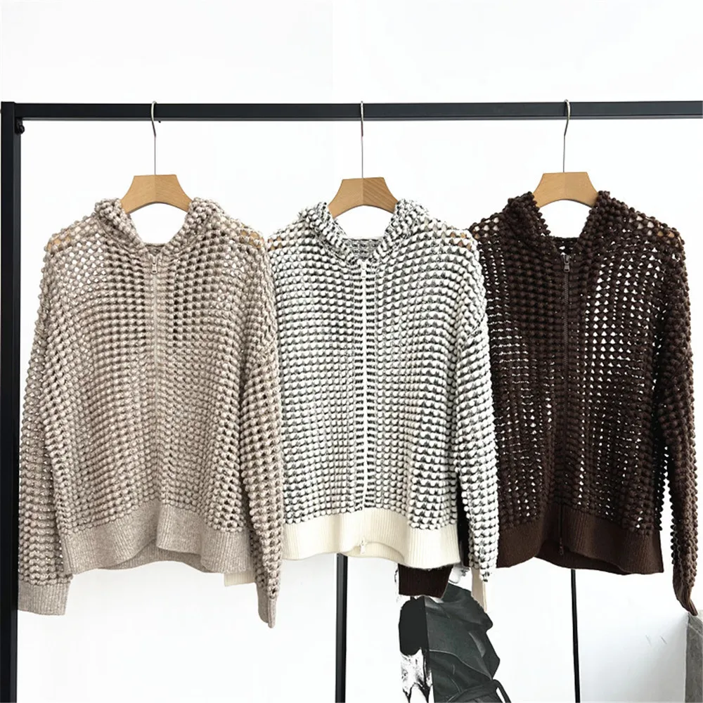 

New product: Autumn and Winter 2025 Women's Cardigan, Zipper Long-sleeved Hollow-out Sequined Loose Wool Knitted Jacket