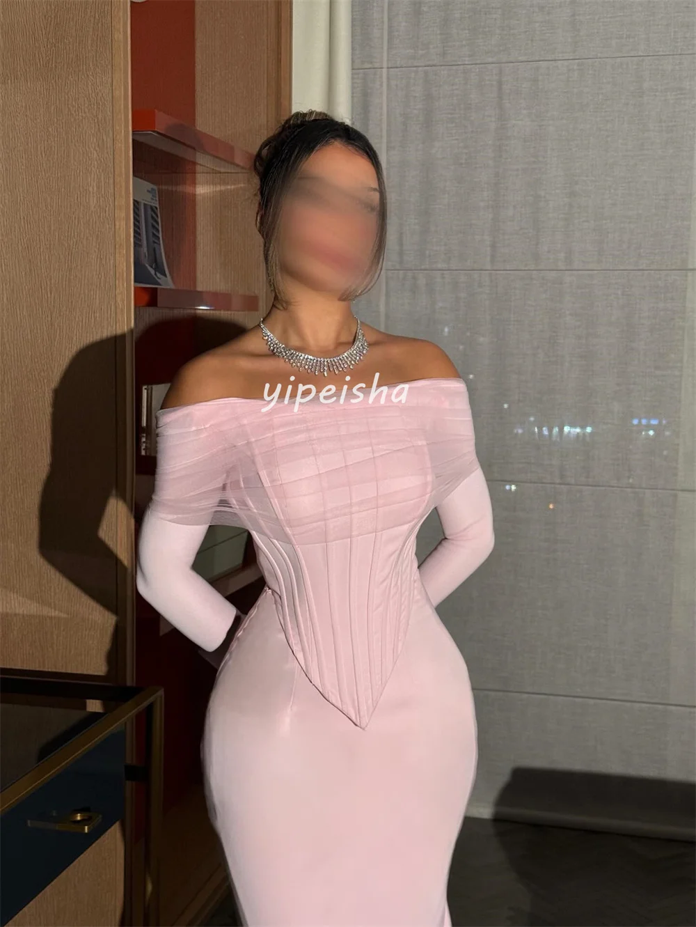 تخصيص جودة عالية بسيطة جيرسي الطية Ruched حورية البحر خارج على الكتف فساتين طويلة فساتين السهرة رائعة أنيقة مثير #3