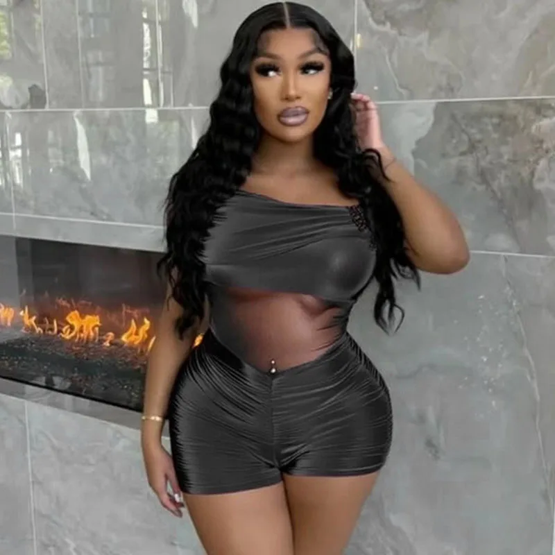 도이어 쉬어 메쉬 패치워크 바디콘 플레이수트 여성 의류 오프숄더 슬래시 넥 루치드 블랙 롬퍼 원피스 점프수트