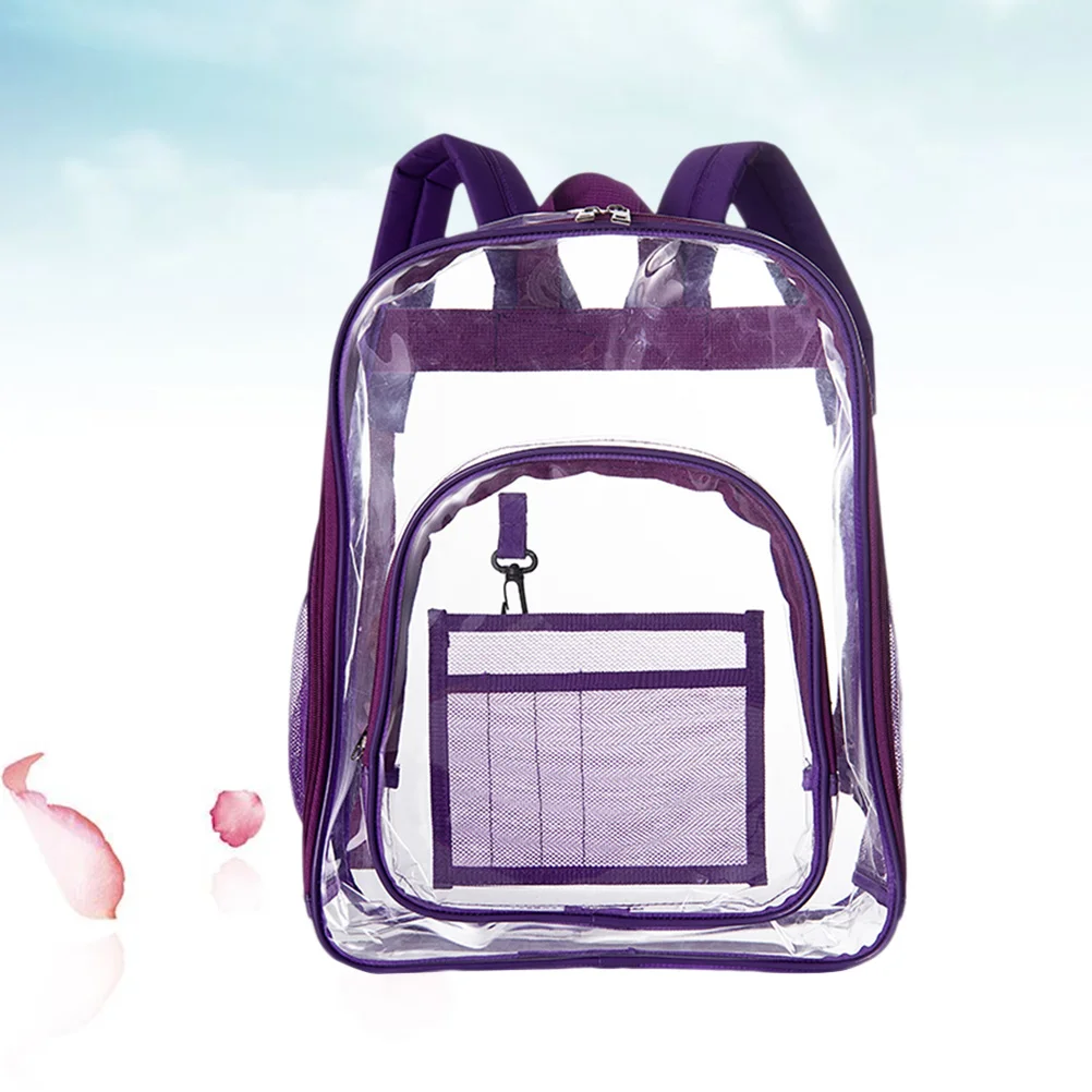 

Purple Clear PVC See Through Backpack Multi Outdoor Travel Makeup Organizer Jelly Bookbag Mesh Side Pockets