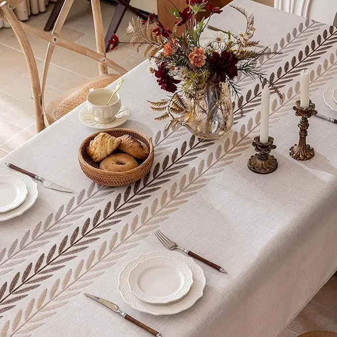 

Embroidery Farmhouse Tablecover Waterproof Linen Tassel Tablecloth Rectangle Accessories Kitchen Wedding Party Dining Decoration