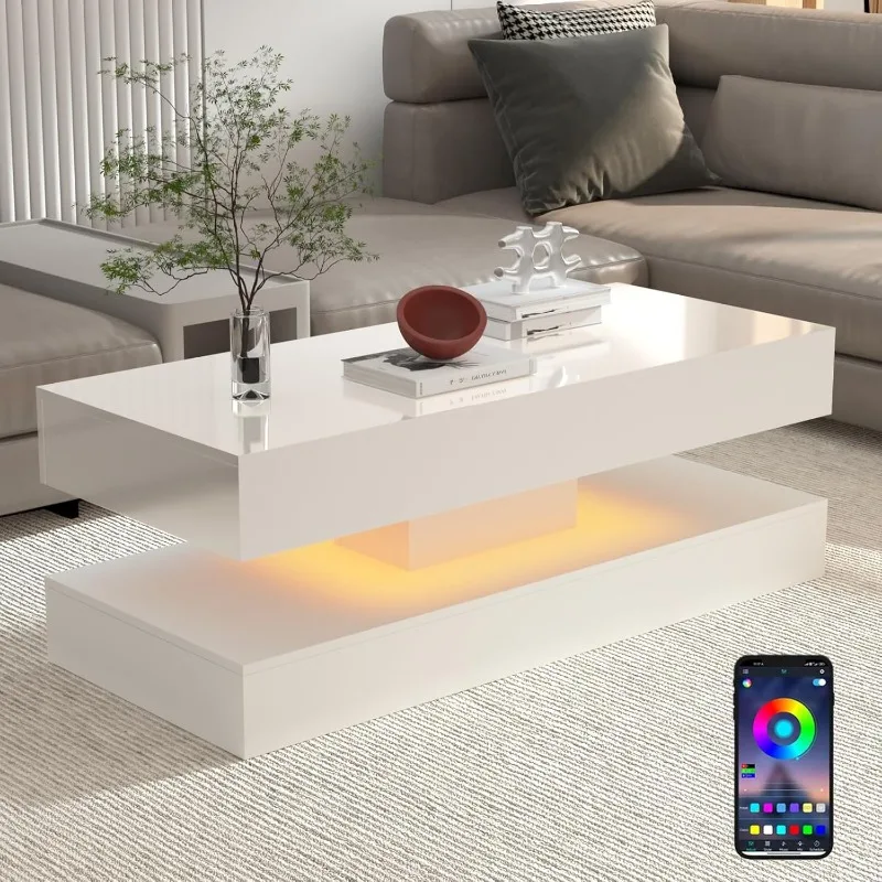 

47.3IN High Glossy LED Coffee Table,APP LED Lights,Black/White, Modern Furniture for Living Room (White)