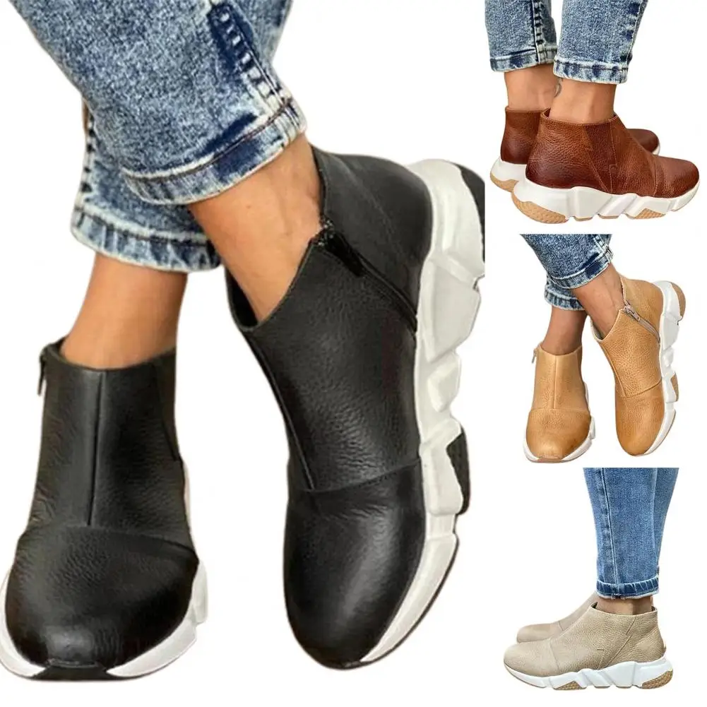 Women Leather Boots Round Toe Side Zipper White Bottom Ladies Platform Shoes Solid Color Daily Walking Female Ankle Booties